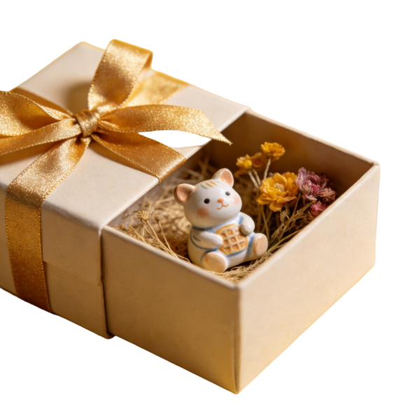 Beige Gift Box with Ceramic Cat Figurine & Dried Flowers