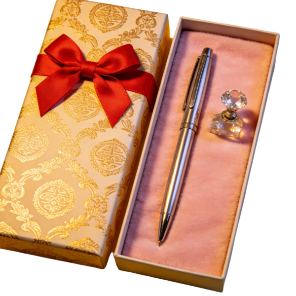 Luxury Silver Pen & Crystal Seal Gift Set with Ornate Golden Gift Box