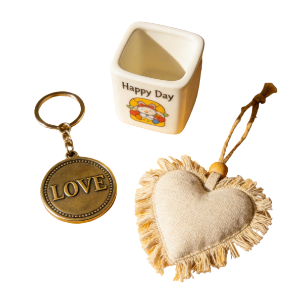 Love Gift Set with Keychain, Ceramic Pot & Heart Ornament