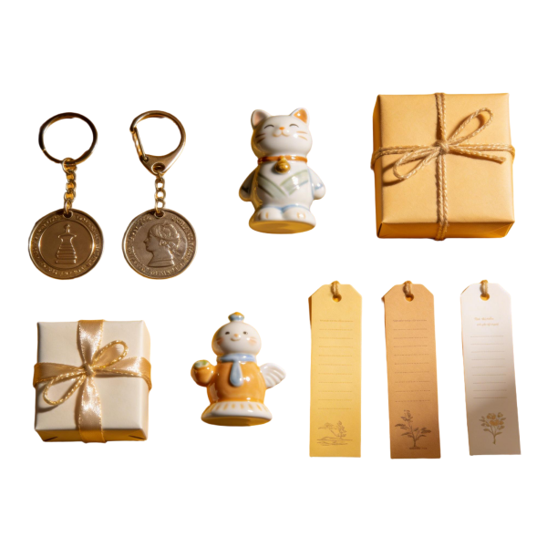 Lucky Cat & Bird Figurine Gift Set with Keychains & Gift Boxes