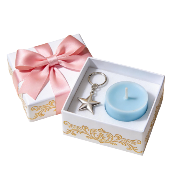 Star Keychain & Blue Candle Gift Set in White & Gold Box