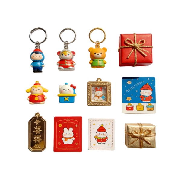 Festive Cartoon Keychain & Gift Set with Cards & Boxes