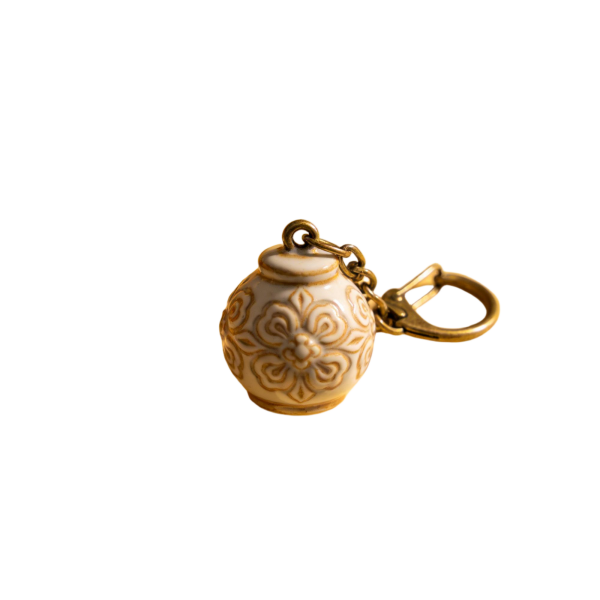 Ornate Ceramic Vase Keychain with Gold Floral Patterns