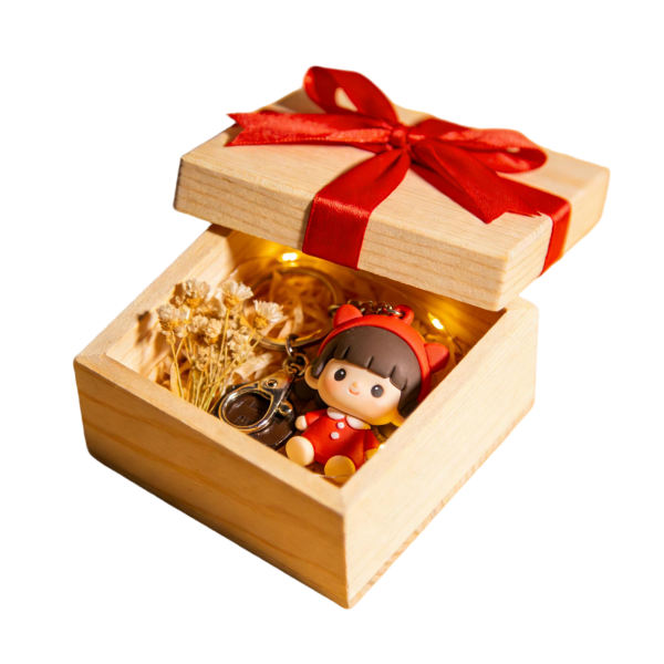 Wooden Gift Box with Doll, Keychain & LED Lights