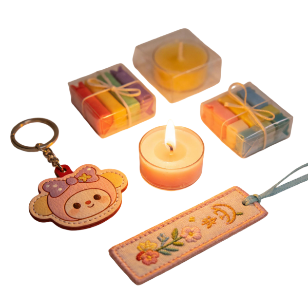 Cozy Gift Set with Keychain, Embroidered Bookmark & Candles