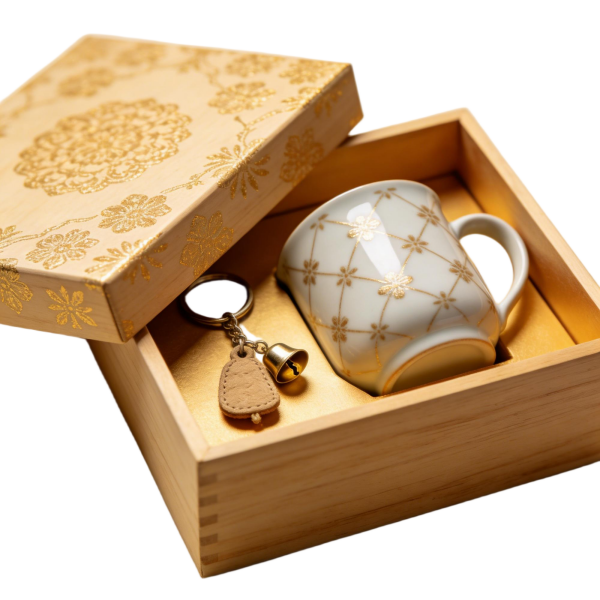 Elegant Ceramic Cup & Bear Keychain Gift Set in Wooden Box