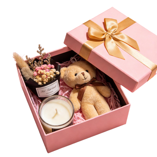 Cozy Gift Set with Teddy Bear, Scented Candle & Dried Flower Bouquet